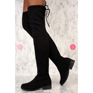 Black Round Toe Flat Chunky Heel Thigh High Boots